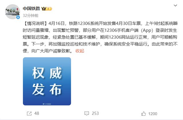 12306回复部分用户登录短暂延迟现象：经紧急处置已基本缓解