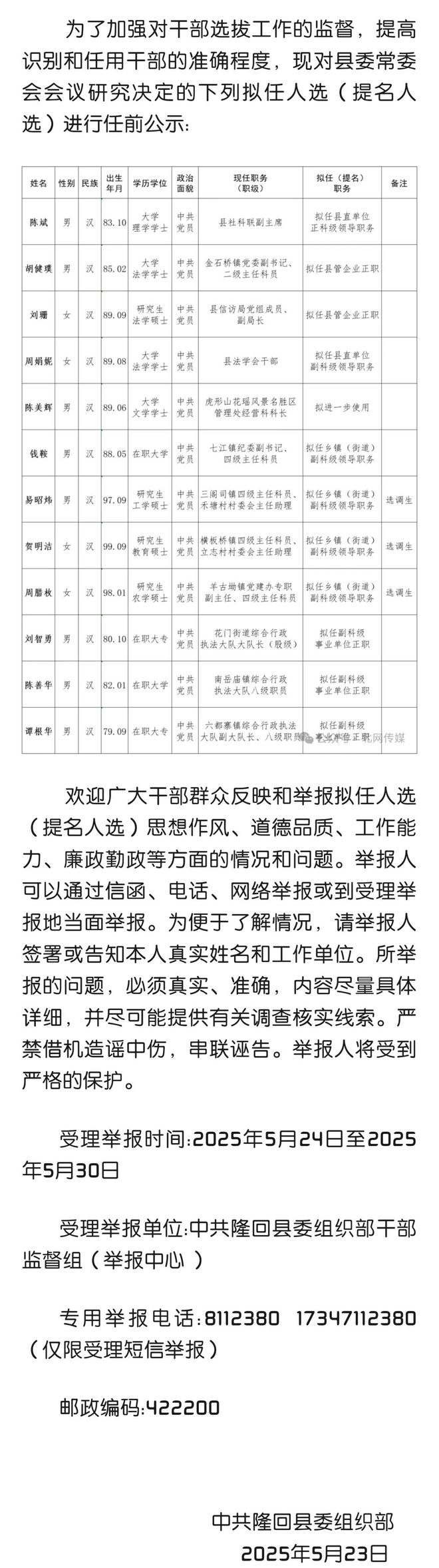 邵阳隆回发布干部任前公示，其中三名“95后”干部拟任副科级领导，均系硕士选调生