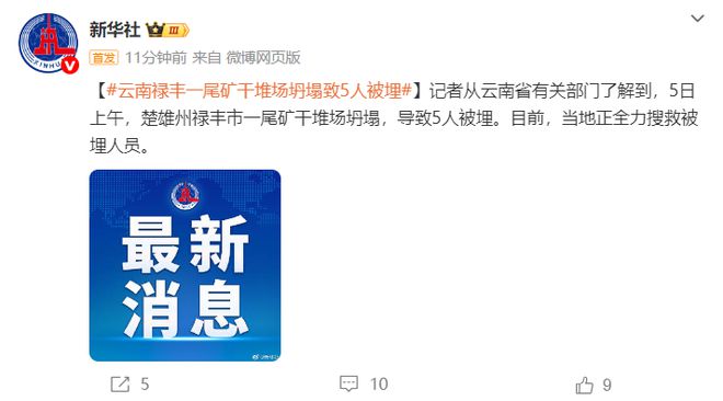 云南禄丰一尾矿干堆场坍塌，致5人被埋