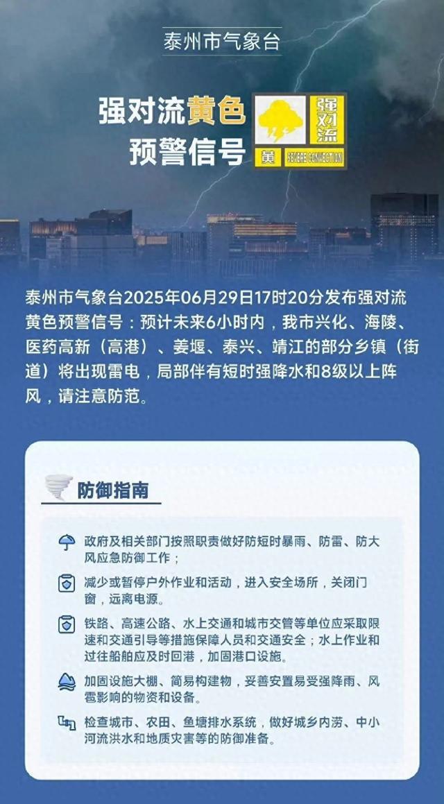 黄色预警！泰州未来6小时将出现暴雨
