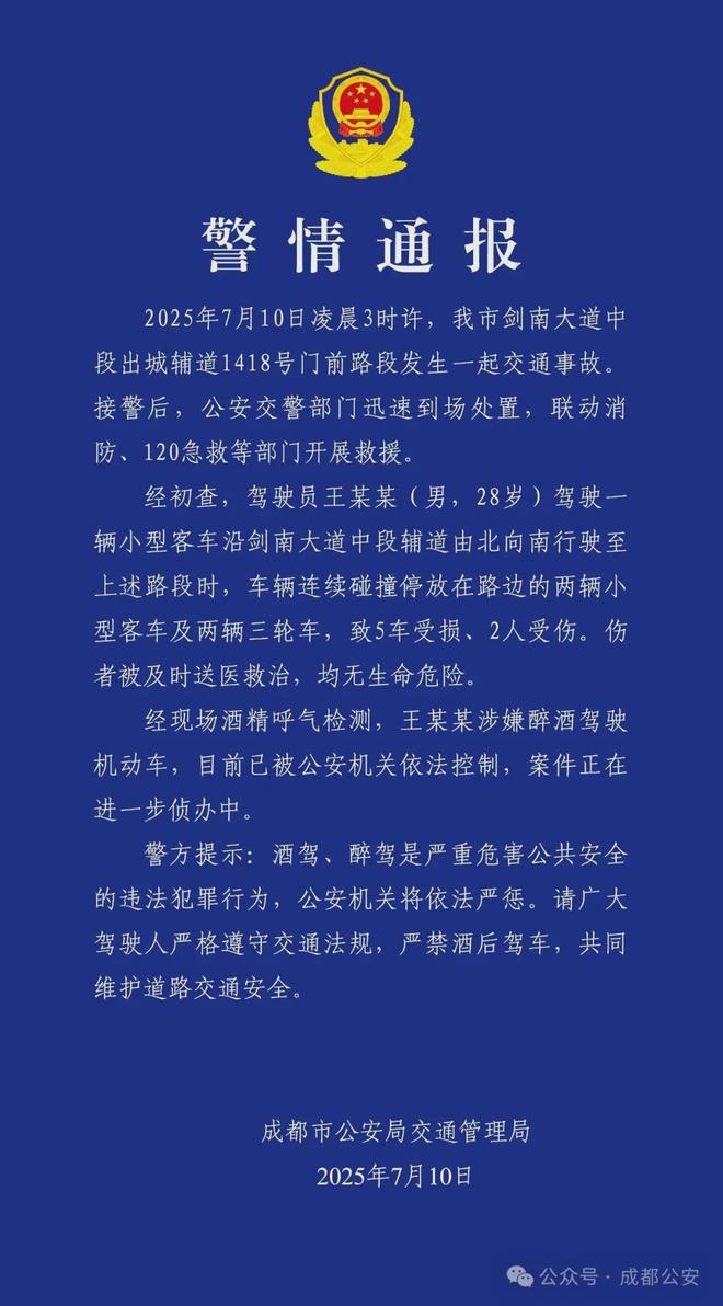 成都28岁男子凌晨醉驾连撞4车，最新通报：致5车受损、2人受伤，肇事者涉嫌醉驾已被控制