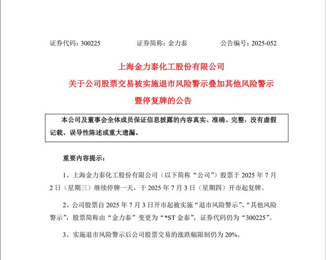 涉嫌资金占用，金力泰年报被“非标”，今起“披星戴帽”！董事会或大换血
