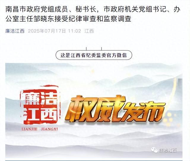 南昌市政府党组成员、秘书长，市政府机关党组书记、办公室主任邹晓东接受纪律审查和监察调查