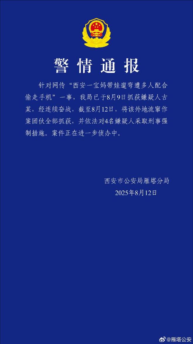 西安警方再通报“宝妈带娃遛弯遭多人打配合偷手机”：作案团伙全部被抓