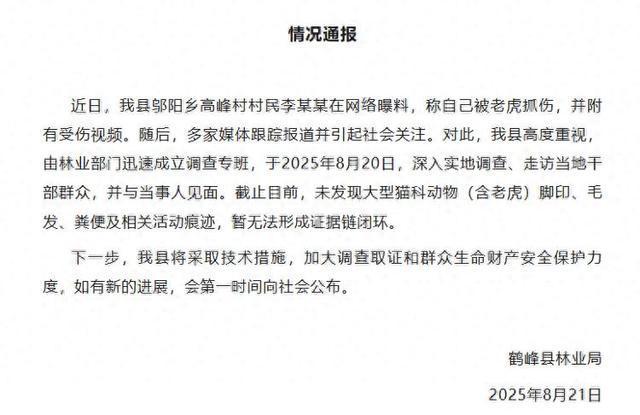 湖北鹤峰通报“一村民干活时称遭大型猫科动物袭击”：目前未发现大型猫科动物（含老虎）相关活动痕迹