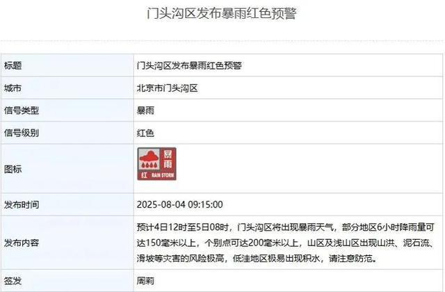 北京：5区暴雨红警、9区暴雨橙警