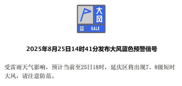 北京四区发布雷电黄色预警，延庆区发布大风蓝色预警——